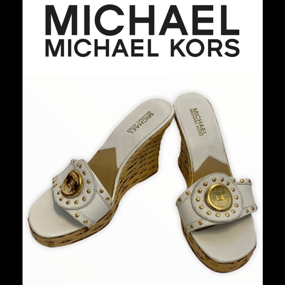 Michael Michael Kors White wedge gold logo sandal